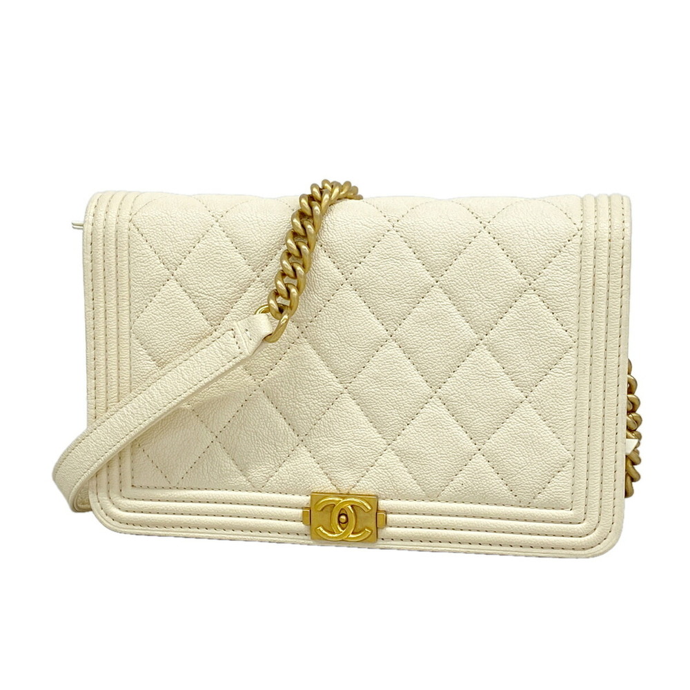 Chanel Boy Chain Shoulder Wallet, Caviar Leather, White, Women's